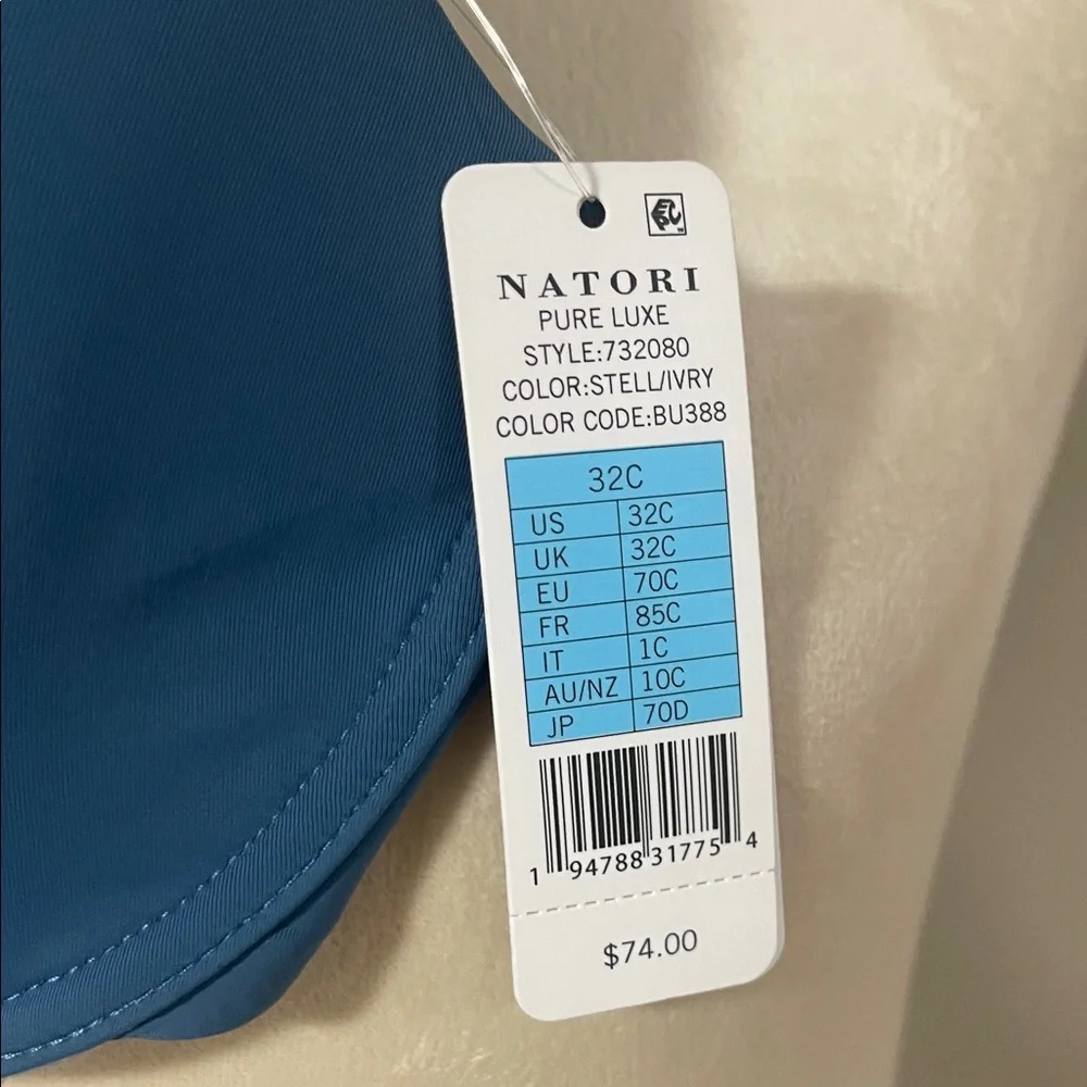 Natori Blue Bra with White Lace Straps size 32C